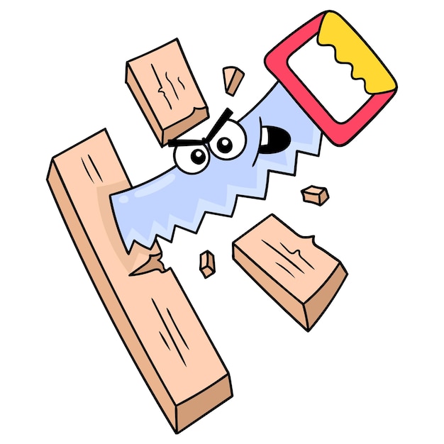 arrogant faced saw cutting wood, vector illustration art. doodle icon image kawaii.