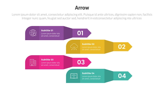 Arrow or arrows stage infographics template diagram with unbalanced rectangle vertical direction and 4 point step creative design for slide presentation