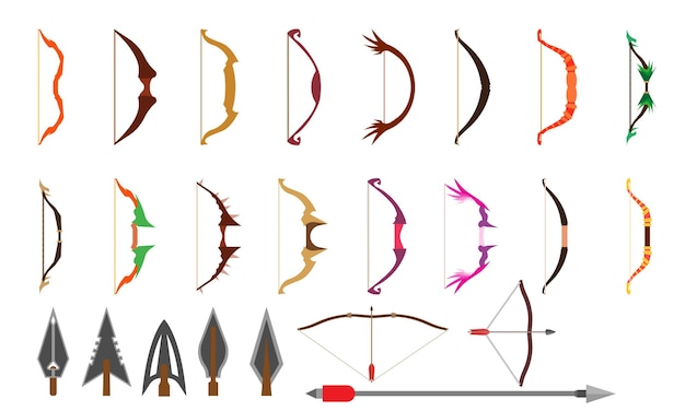 Arrow and bow set archery weapon symbol Ancient icon war element isolated and longbow object