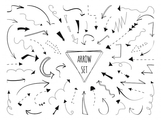 Arrow hand drawn set. Dotted black line. Sketch point curve doodle left right down direction sign