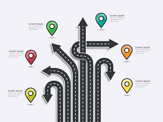 Arrow Road Map of  Business and Journey Infographic Template with pin pointer