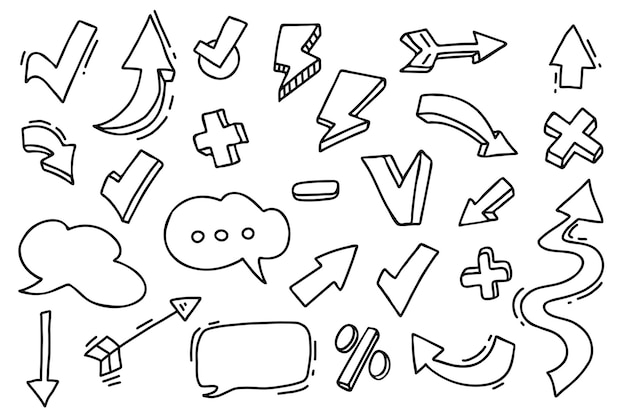 Arrow set Symbols and signs different shaped arrows and bubble cloud in linear hand drawn doodle