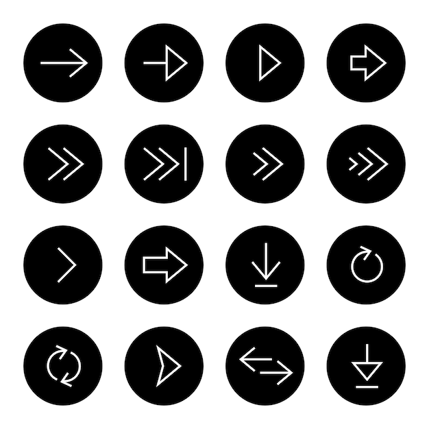 Arrows line icons on black circles. Vector icon set.