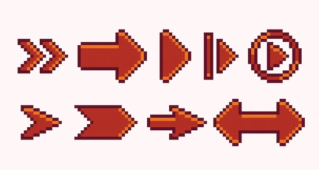 Arrows pixel art set. Play, next, forward buttons collection. 8 bit sprite.