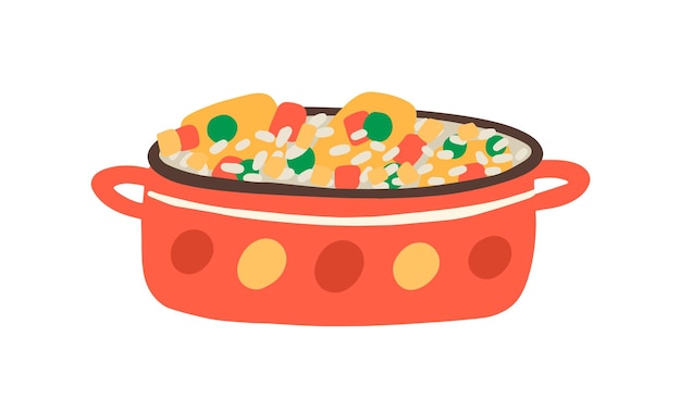 Arroz con Pollo, traditional Cuban, Mexican or Spanish spicy dish. Paella, risotto cooked in saucepan. Vegetarian, vegan fried rice. Flat vector cartoon illustration isolated on white background.