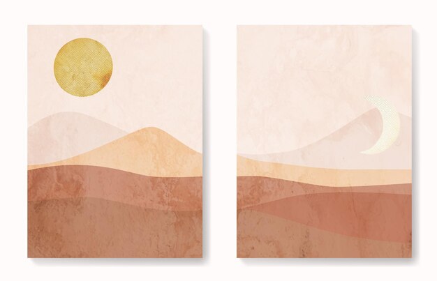 Vector art abstract aesthetic background with desert dunes sun and moon. mid century print for home decor and design