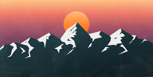 Vector art banner in vintage style with mountains. image with landscape and sun at sunset.