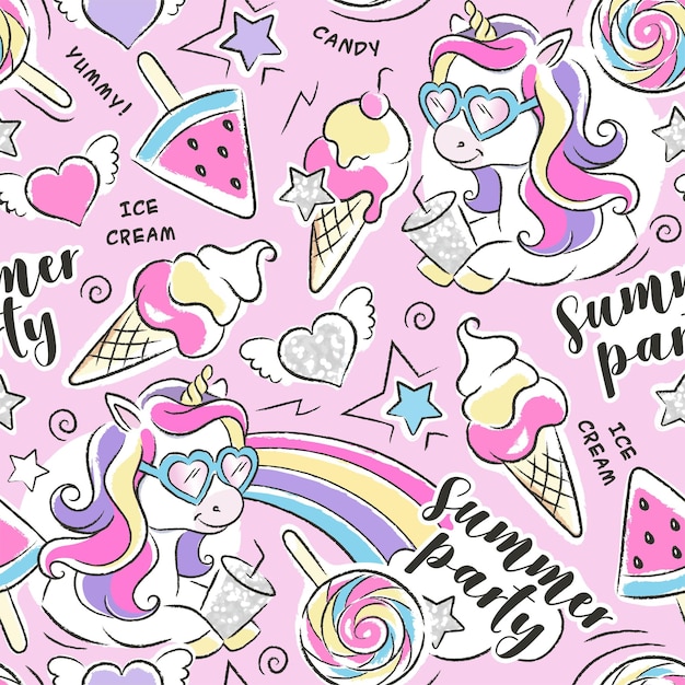 Art Beautiful pink pattern Unicorn ice cream summer party Fashion illustration drawing for clothes