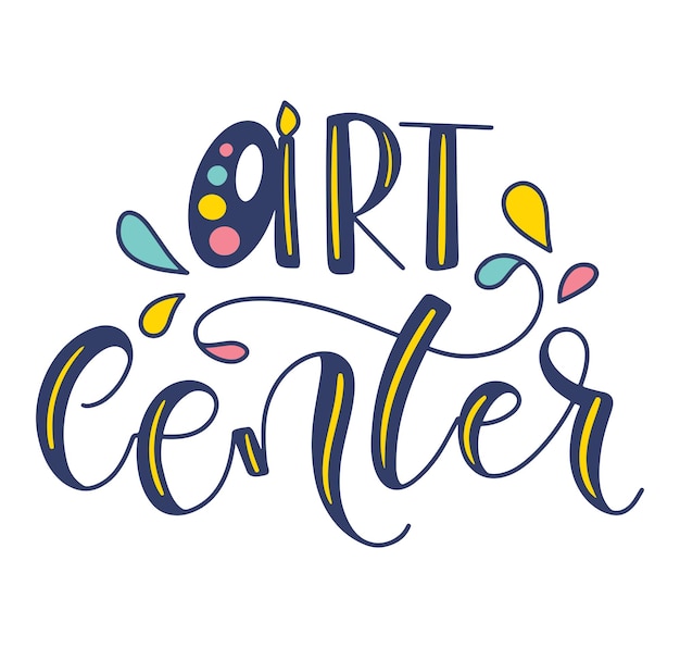 Vector art center colored lettering with doodle paint palette and paintbrush