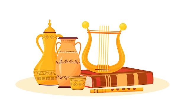 Vector art class    illustration. creative hobby. ceramic pottery painting and music playing. school subject metaphor. ancient musical instruments and book  cartoon objects