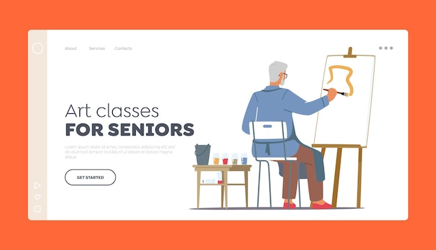 Art Classes for Seniors Landing Page Template Old Male Painter Character Hold Paintbrush in Hand Drawing with Paints