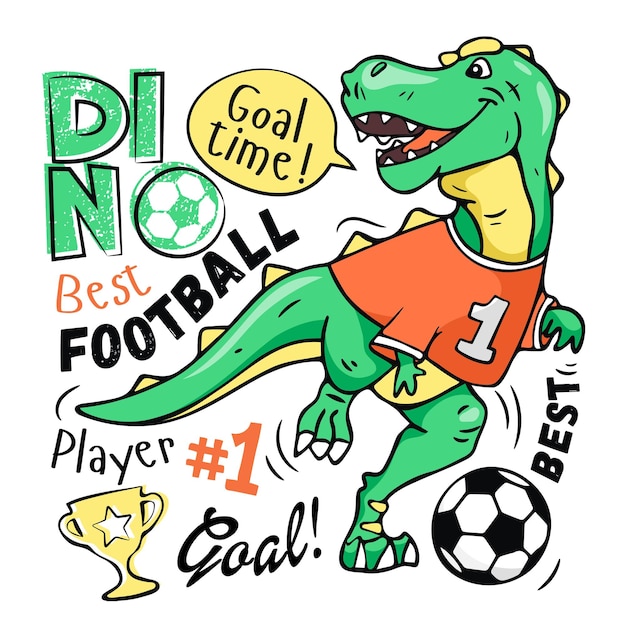 Art Cute dinosaur plays soccer Design for kids poster Tshirt prints nursery closing fabrics Vector illustration Trex dinosaur Football