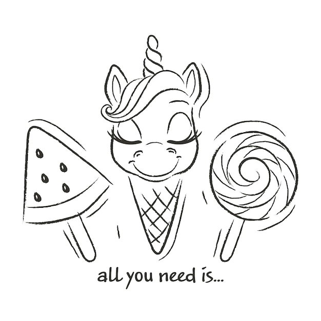 Art Cute unicorn ice cream print on a white background black and white illustration