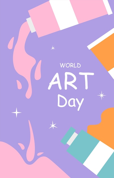 Art day banner concept International holiday and festival 15 April Packages with paints Pack for creativity Equipment for art studion and workshop Cartoon flat vector illustration