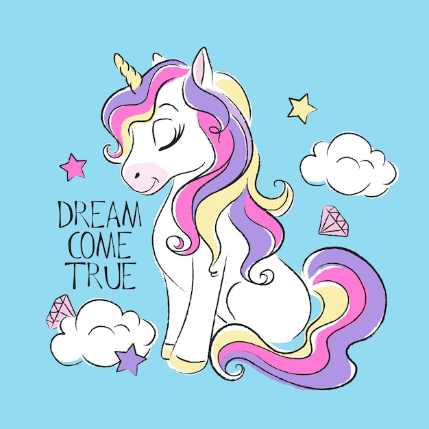 Art fashion illustration drawing in modern style for clothes. Cute unicorn. Dream come true text.