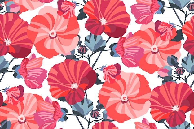 Art floral  seamless pattern. Garden mallow red, pink, maroon, burgundy, orange flowers with navy blue branches and leaves isolated on white background. For wallpaper, fabric, textile, paper.