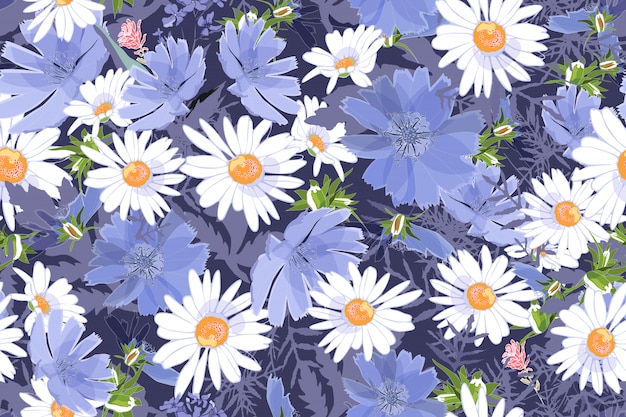 Art floral vector seamless pattern. Daisies and chicory with buds, leaves, twigs. White and blue field meadow flowers