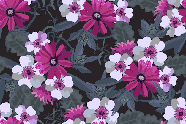 Art floral vector seamless pattern. Pink and white flowers with green leaves.