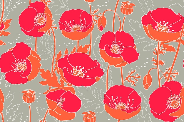 Art floral vector seamless pattern Red poppies with orange leaves isolated on grey background