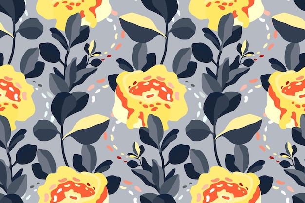 Art floral vector seamless pattern Yellow red flowers grey leaves isolated on a light grey