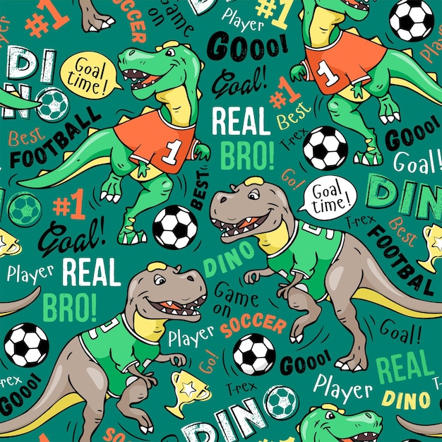 Art Football pattern on a green background Cute dinosaur plays soccer Print on a green background Design for kids prints nursery closing fabrics Vector illustration Trex dinosaur