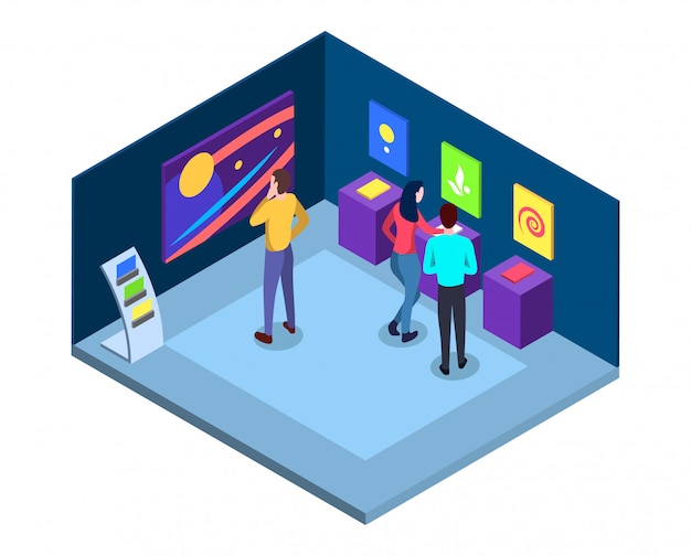 Art gallery isometric  illustration. Museum interior with masterpieces, wall abstract pictures, contemporary exhibits. Visitors at artistic exhibition flat characters. Art 3d exposition