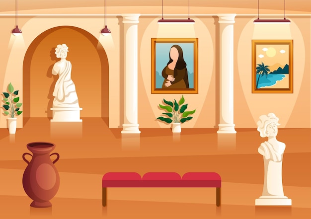 Vector art gallery museum interior cartoon illustration for some people to see it in flat style design