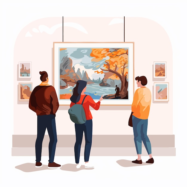 Vector art gallery visitors admiring famous paintings exhibition