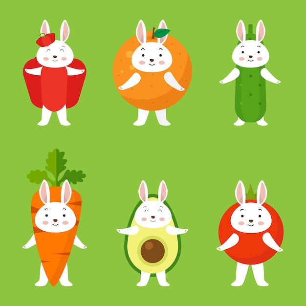 Art Illustration Cute hares in costumes. Fruits vegetables . Holidays fun. Set.