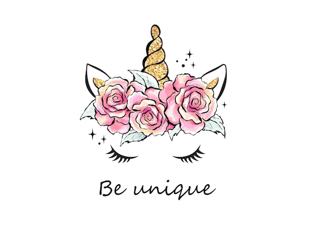 Art Little unicorn Fashionable ink and watercolor style Dream come true text