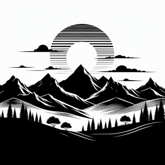 Art Mountain Landscape vector Contour Drawing white black white background