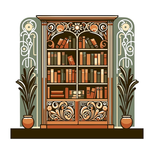 art nouveau style bookcase flat vector design