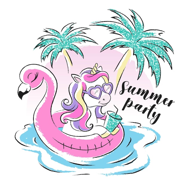 Art Pool party Cute unicorn by the pool Summer illustration for clothes