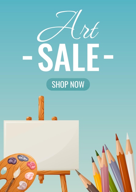 Vector art school sale poster. paints with brush, easel, colored pencils and text. vector illustration.