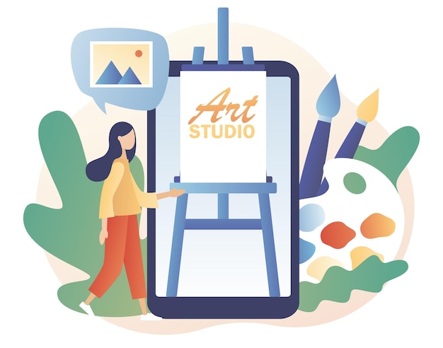 Art school or studio online. Artist. Tiny woman artist with canvas on easel on smartphone screen