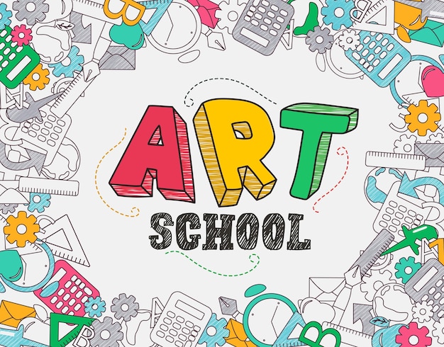 Art school vector template design Back to art school text with educational doodle materials