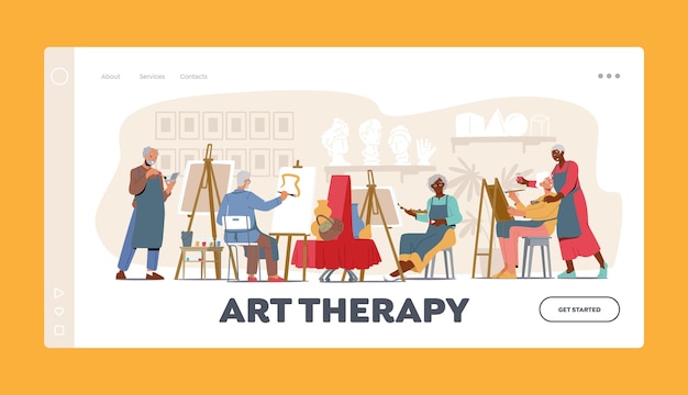 Art Therapy Landing Page Template Old Men and Women Learn Drawing in Studio Elderly Characters Sit at Easel