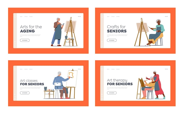 Art Therapy Landing Page Template Set Old Men and Women Learn Drawing in Studio Elderly Characters Sit at Easel