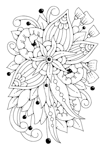 Art therapy. Vector black and white background for coloring. Magic flowers. Coloring page.