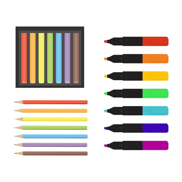 Art tools collection Markers color pencils highlighter and crayons Stationery vector