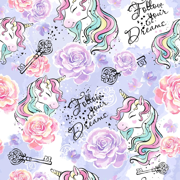 Art Unicorn drawing Follow your dreams Fashionable ink and watercolor pattern