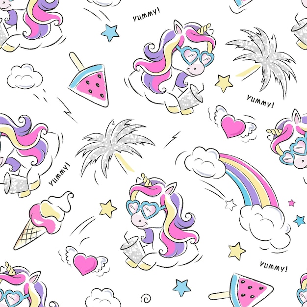 Art Unicorn ice cream summer party Beautiful white summer pattern Fashion illustration drawing