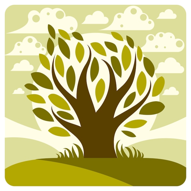 Art vector graphic illustration of stylized tree and peaceful spring landscape with clouds and rising sun, countryside view. Can be used in environmental conservation theme.