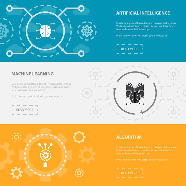 Artificial Intelligence 3 horizontal webpage banners template with Artificial Intelligence, Machine learning, Algorithm concept. Flat modern isolated icons illustration.