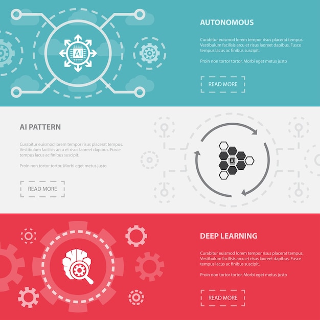 Artificial Intelligence 3 horizontal webpage banners template with Autonomous, AI Pattern, Deep learning concept. Flat modern isolated icons illustration.