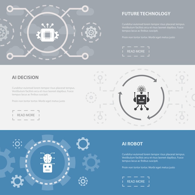 Artificial Intelligence 3 horizontal webpage banners template with Future technology, AI Decision, AI Robot concept. Flat modern isolated icons illustration.