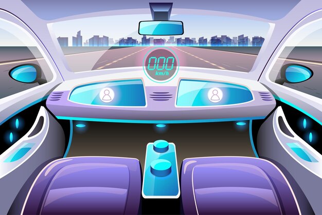 Vector artificial intelligence driverless safety system with hud interface in cockpit of autonomous car vehicle interior driverless car driver assistance system acc adaptive cruise control