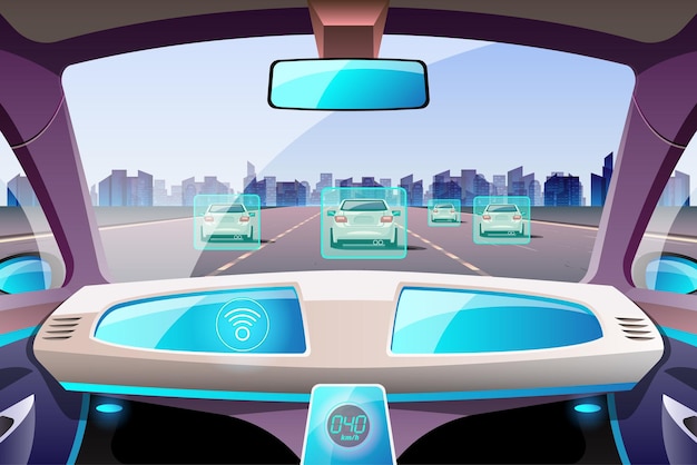 Vector artificial intelligence driverless safety system with hud interface in cockpit of autonomous car vehicle interior driverless car driver assistance system acc adaptive cruise control