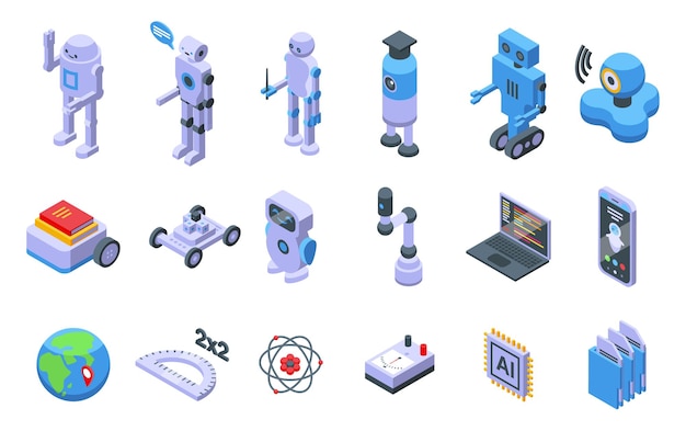 Artificial intelligence in education icons set isometric vector