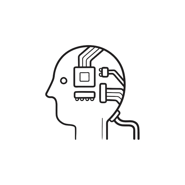 Artificial intelligence head with chip hand drawn outline doodle icon. Machine intelligence processor concept. Vector sketch illustration for print, web, mobile and infographics on white background.